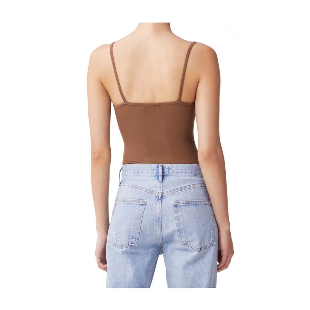 AGOLDE Womens Spaghetti Strap Bodysuit Ribbed Knit V-Neck Brown - Picture 3 of 13